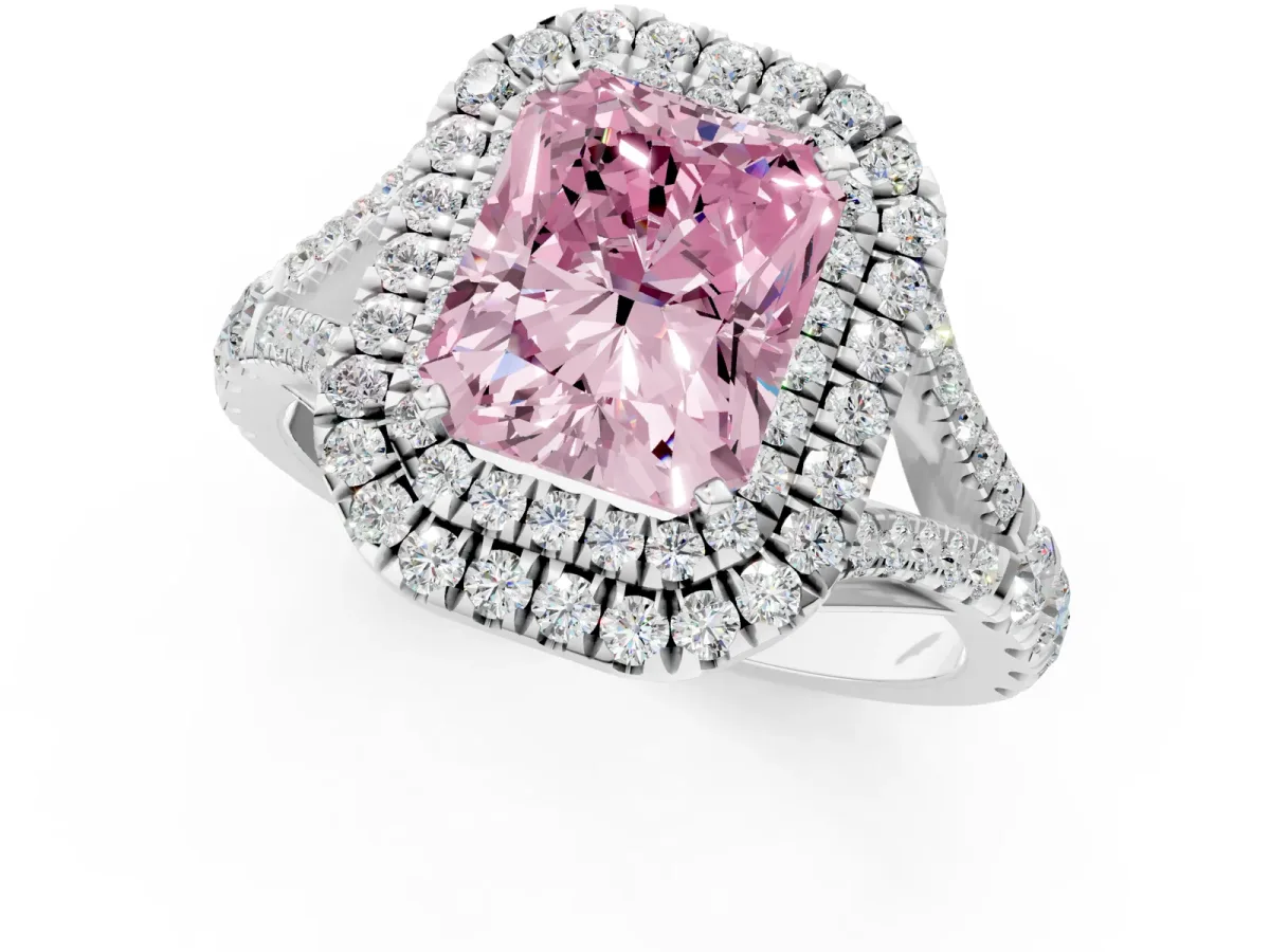 Fancy Pink Radiant Cut Diamond Pavé Split Shank Double Halo Engagement Ring Platinum