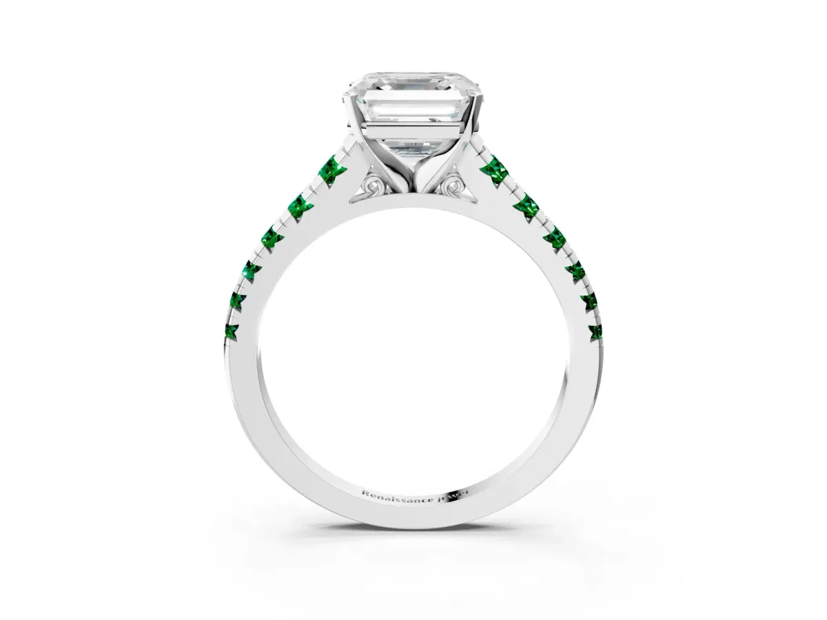 Asscher Cut Diamond Cathedral Solitaire Ring with Round Emerald Pavé Band Platinum