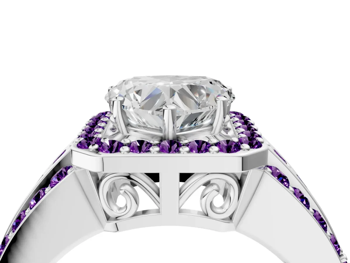 Heart Cut Halo Diamond Ring with Round Amethyst Split Shank and Prong Setting Platinum