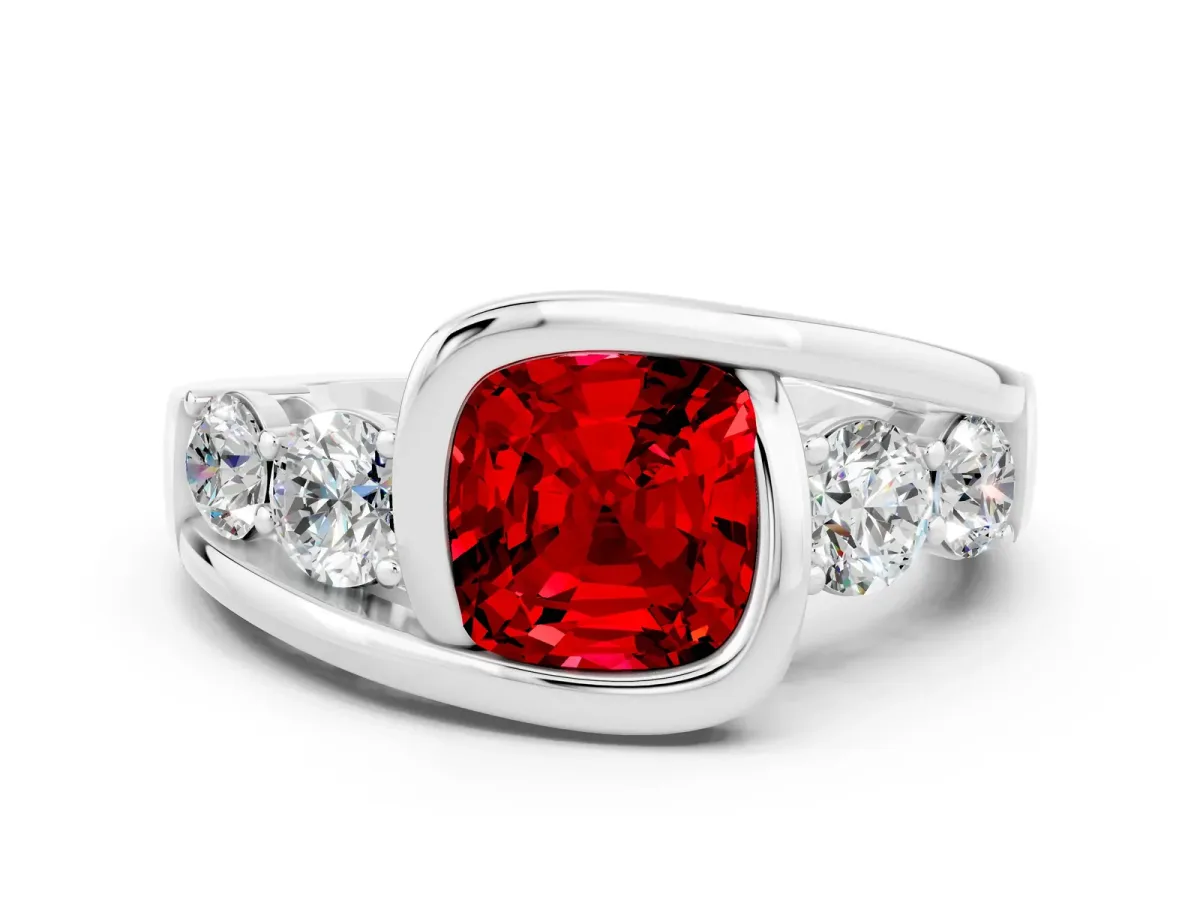 Bezel Set Cushion Cut Ruby Bypass Ring with Round Accents Silver