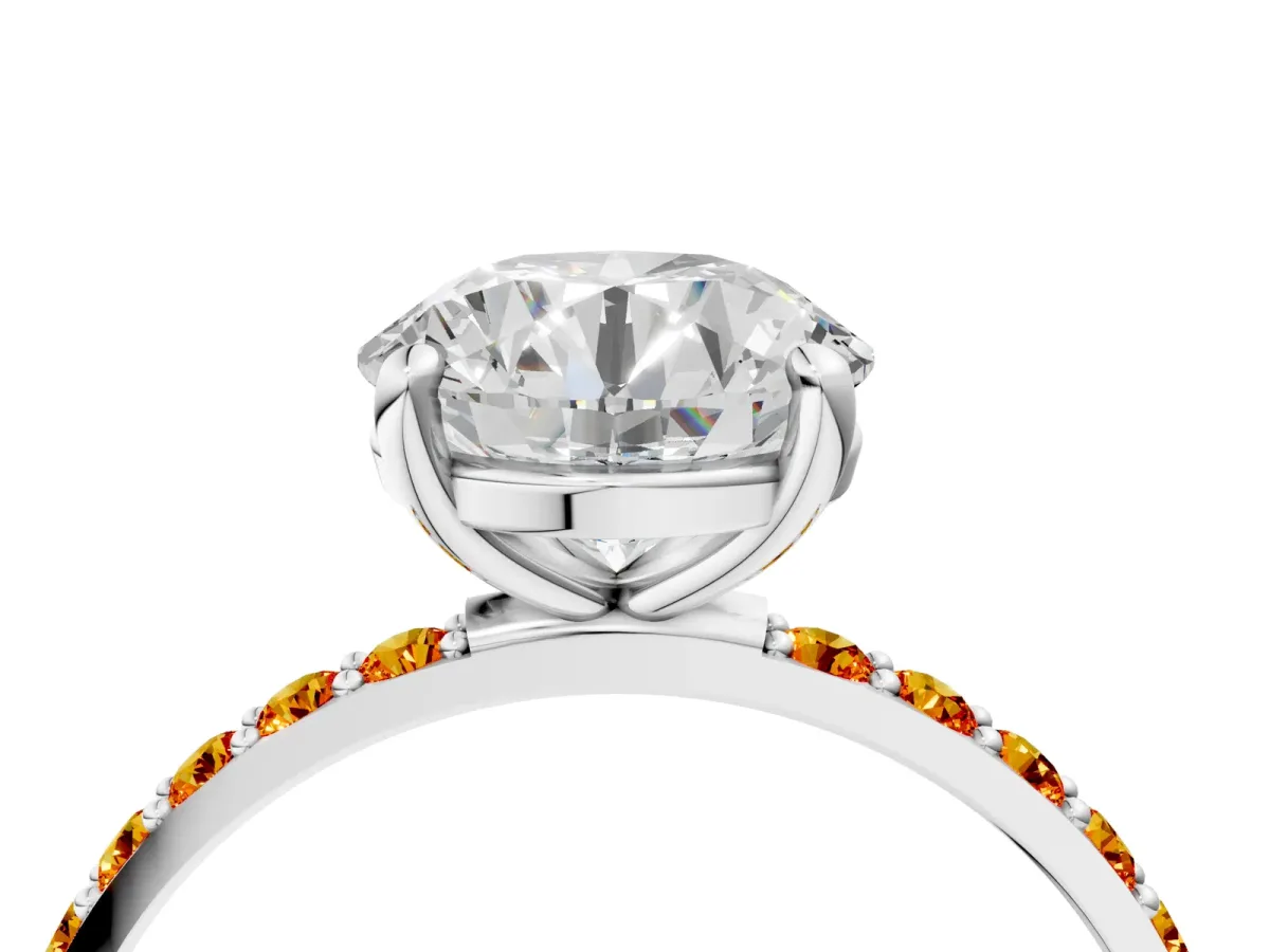 Round Cut Diamond Solitaire Ring with Round Citrine Pavé Band and Prong Setting Silver