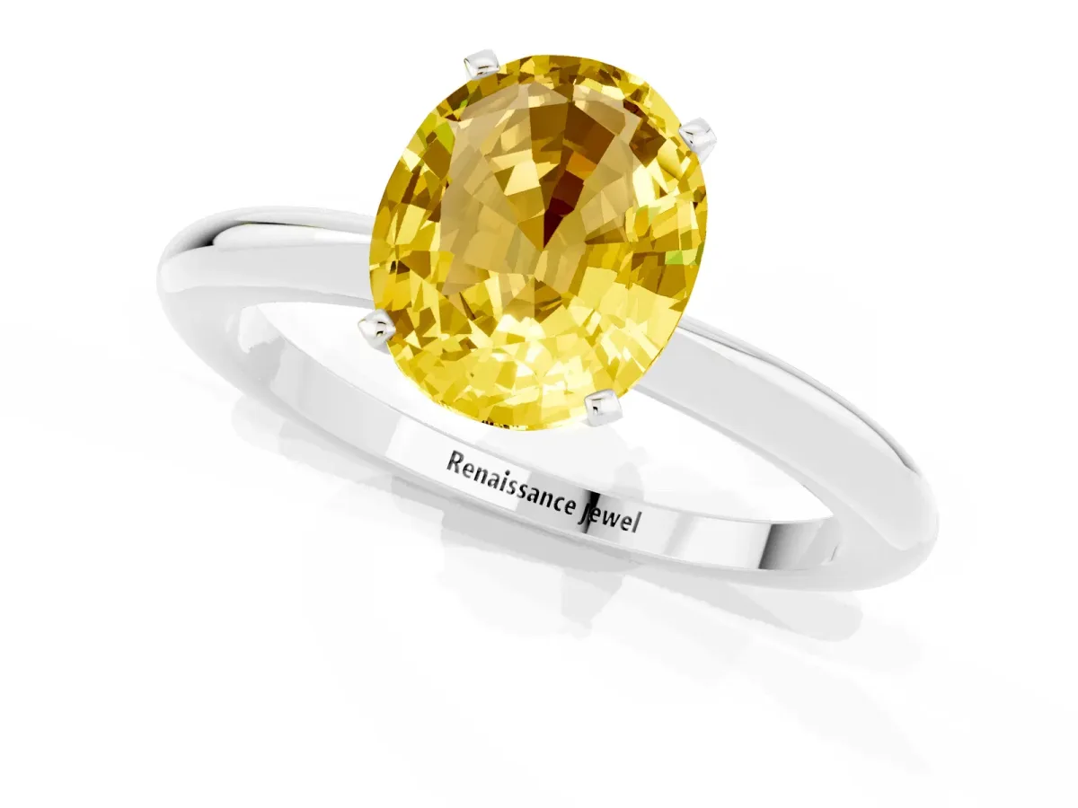 Oval Cut Yellow Sapphire Solitaire Ring with Six-Prong Setting and Classic Band Silver