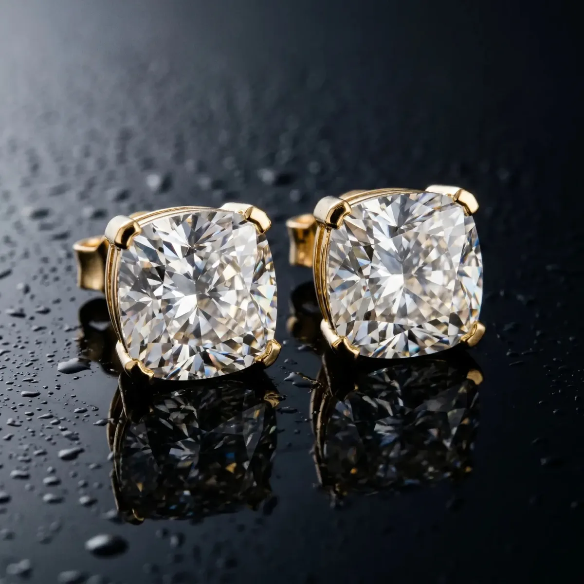 Cushion Cut Diamond Stud Earrings Yellow gold