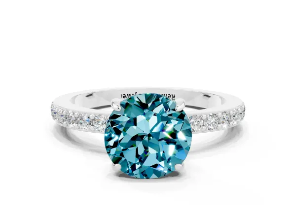 Round Cut Blue Topaz Solitaire Engagement Ring with Pavé Band and Four-Prong Setting Platinum