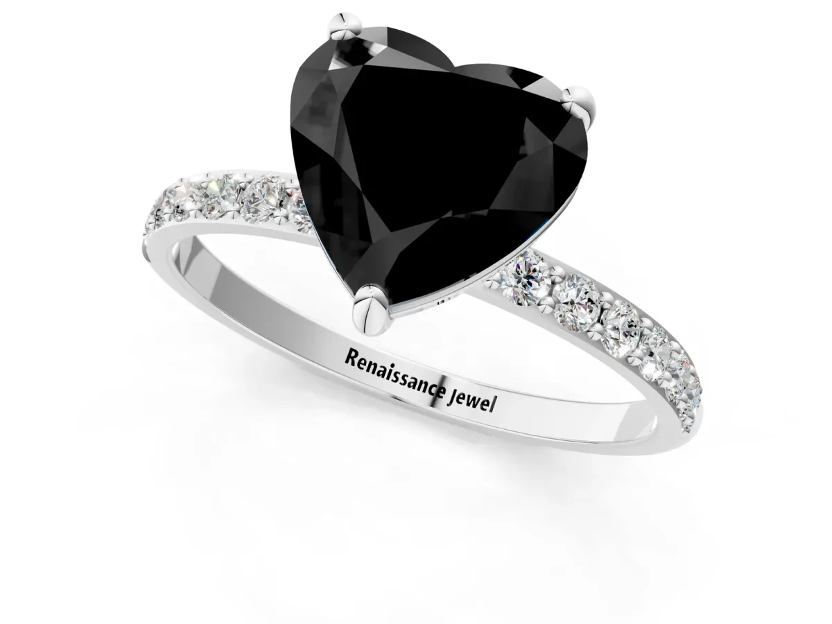 Fancy Black Heart Cut Diamond Solitaire Ring with Round Pavé Band and Prong Setting Silver