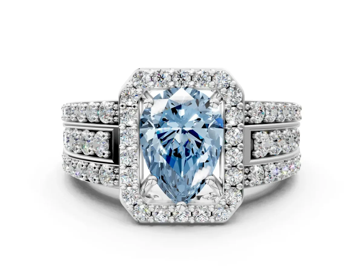 Fancy Blue Pear Cut Halo Diamond Ring with Round Split Shank and Prong Setting Platinum