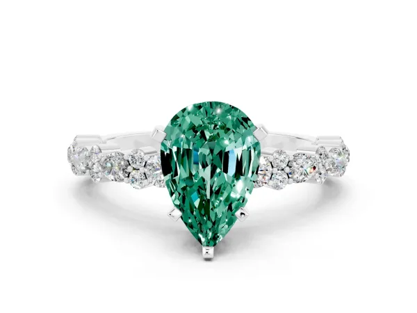Pear Cut Green Sapphire Side Stone Solitaire Ring with Round and Four-Prong Setting White gold