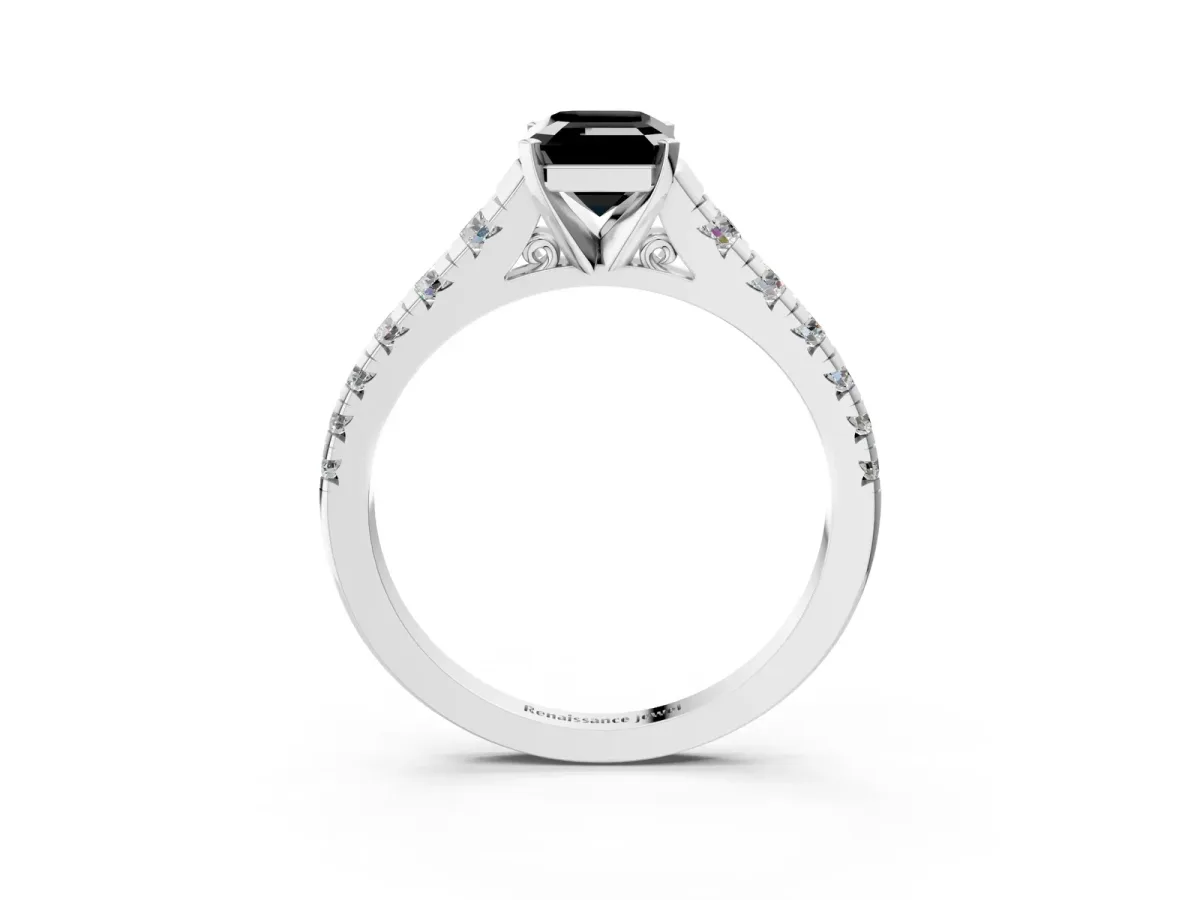 Fancy Black Emerald Cut Diamond Cathedral Solitaire Ring with Round Pavé Band Silver