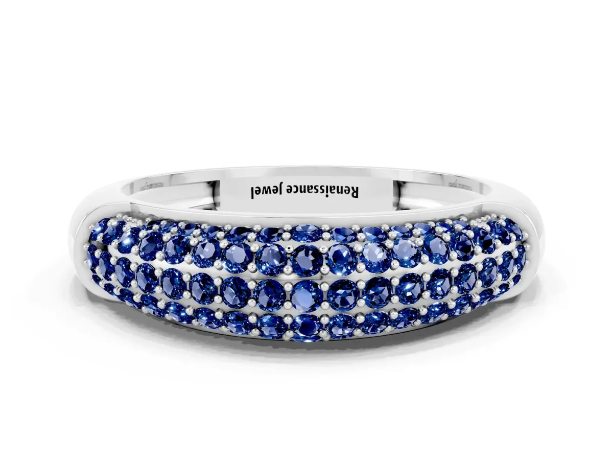 Three-Row Pavé Round Blue Sapphire Dome Band White gold