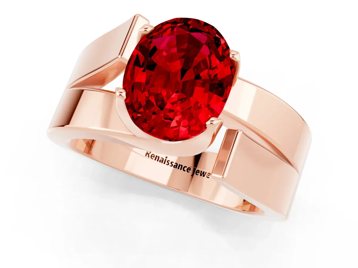 Modern Tension Set Oval Cut Ruby Solitaire Wide Band Ring Rose gold