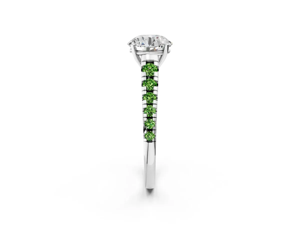 Round Cut Diamond Cathedral Solitaire Ring with Round Peridot Pavé Band Silver