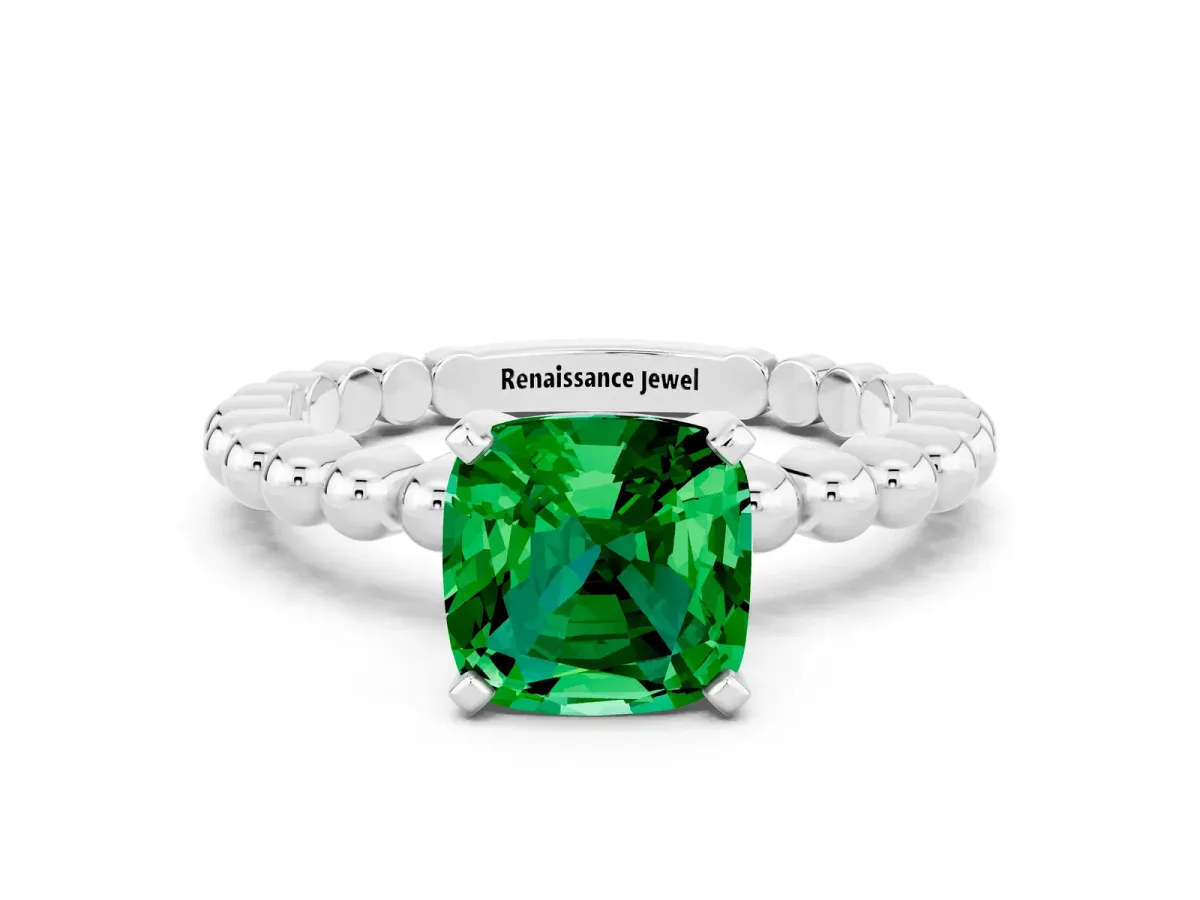Cushion Cut Emerald Solitaire Ring with Beaded Band and Prong Setting Platinum