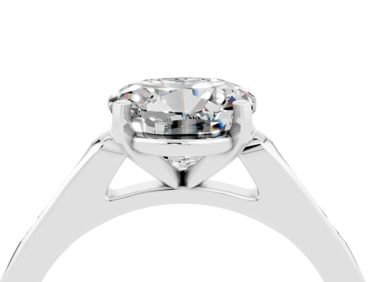 Round Cut Moissanite Solitaire Ring with Channel Set Round Band and Prong Setting Silver