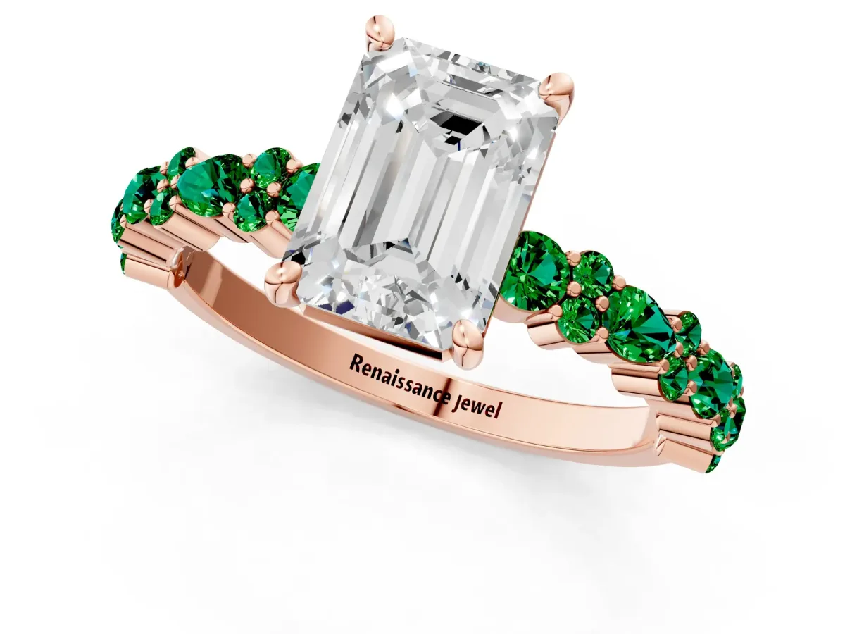 Emerald Cut Diamond Side Stone Solitaire Ring with Round Emerald and Four-Prong Setting Rose gold