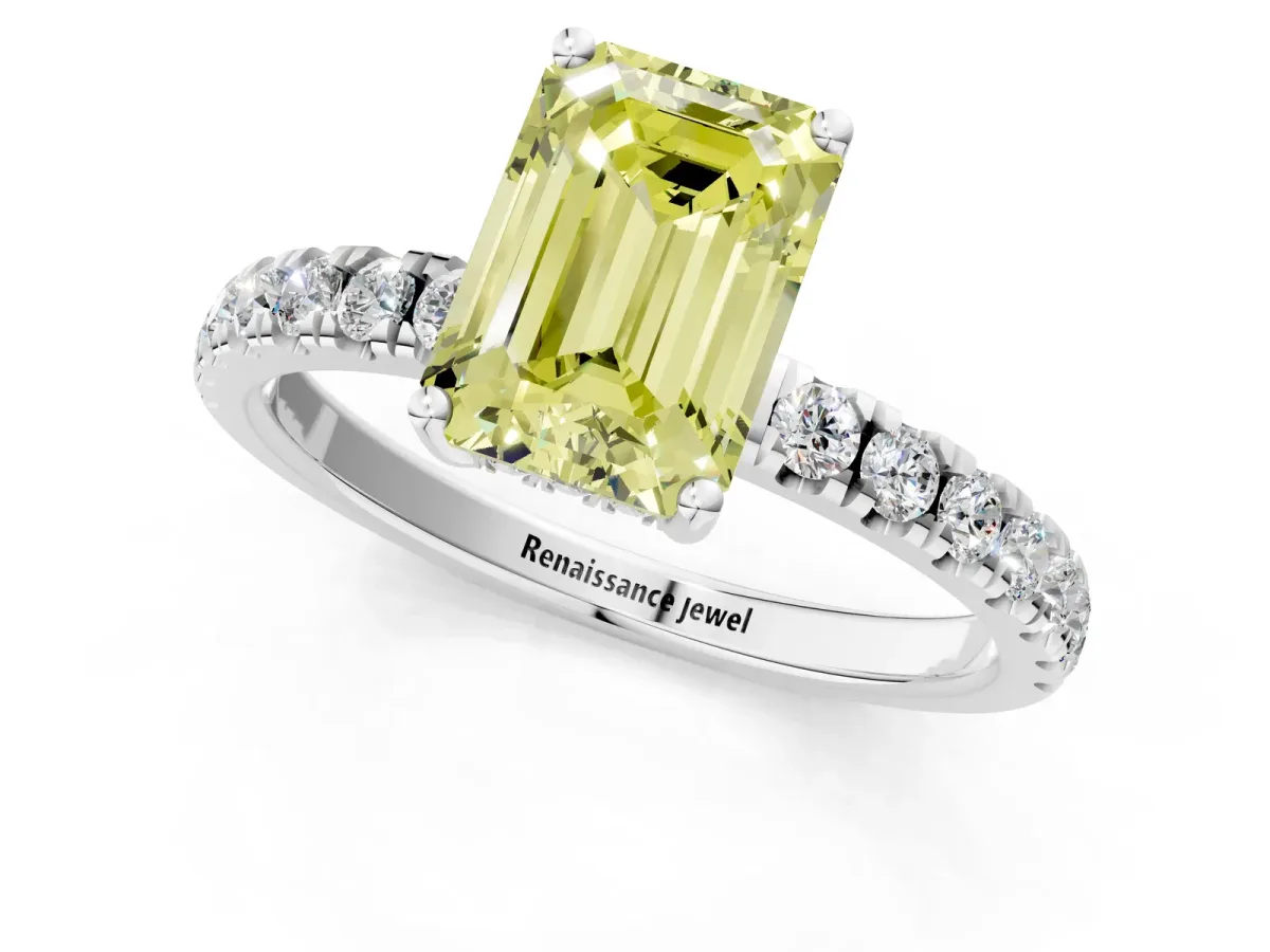 Fancy Yellow Emerald Cut Diamond Pave Band Solitaire Ring with Round and Prong Setting Platinum