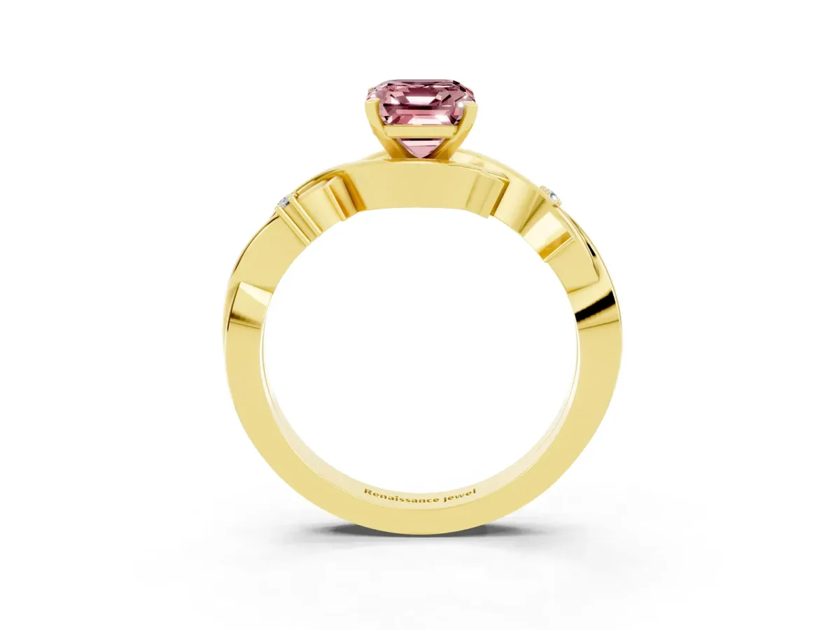 Emerald Cut Morganite Solitaire Ring with Twisted Band and Prong Setting Yellow gold