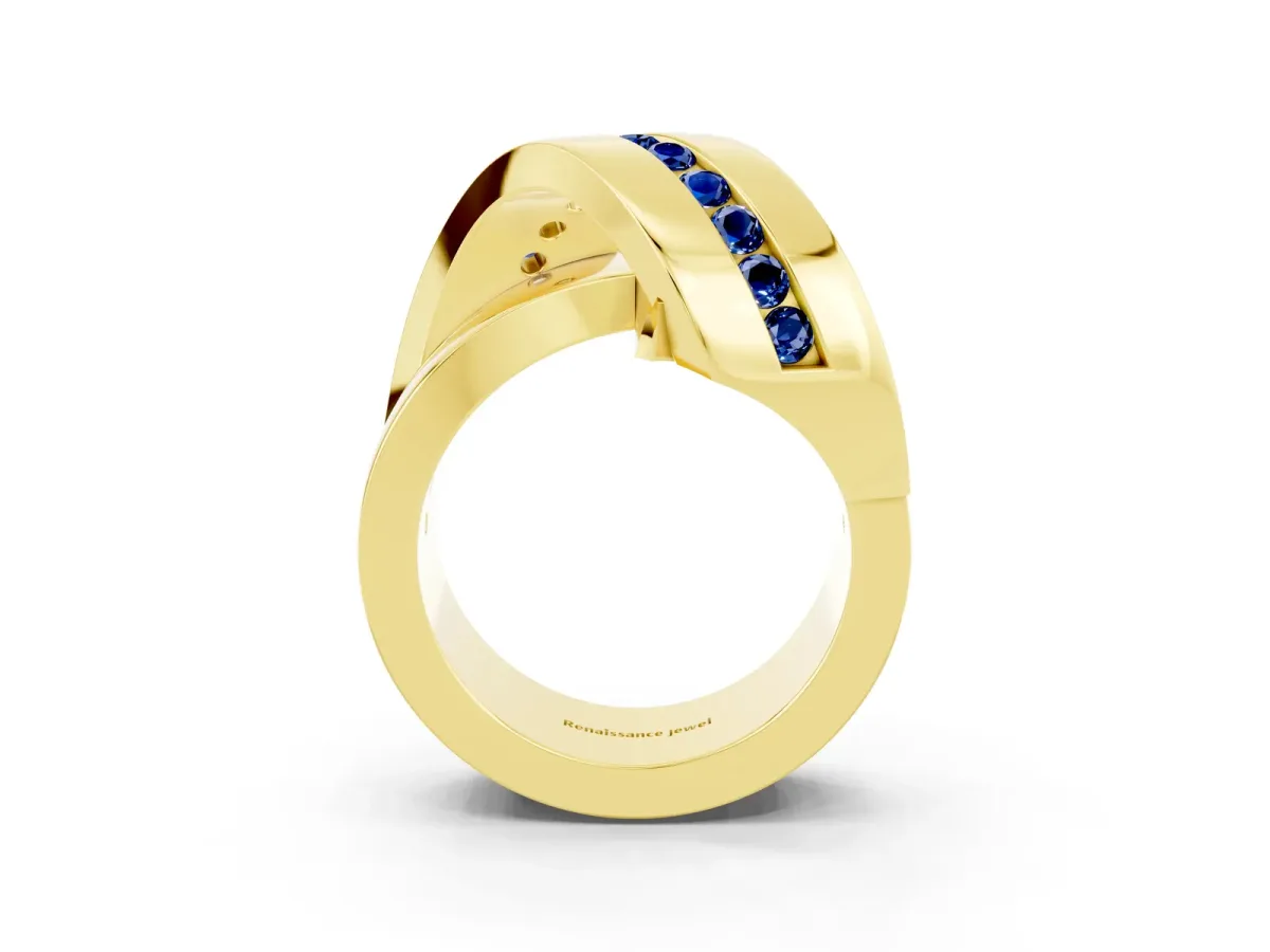 Pavé Round Blue Sapphire Crossover Band with Channel Setting Yellow gold