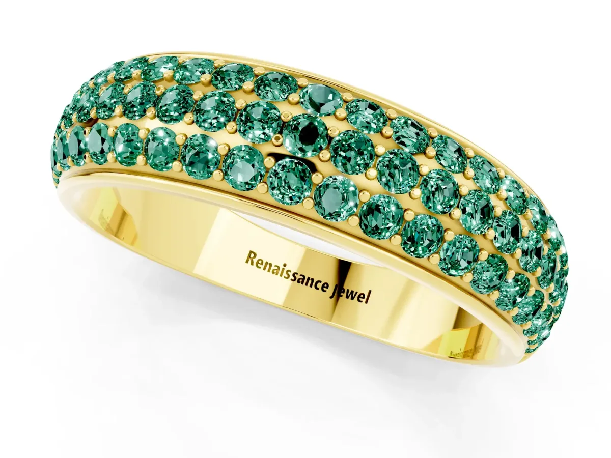 Three-Row Round Green Sapphire Eternity Band with Shared Prong Setting Yellow gold