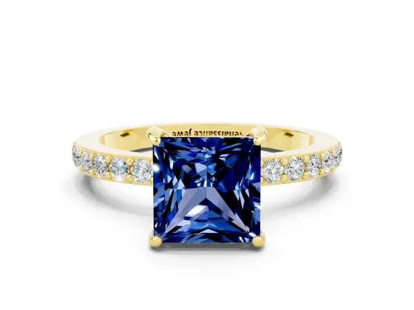 Princess Cut Blue Sapphire Solitaire Engagement Ring with Pavé Band and Four-Prong Setting Yellow gold