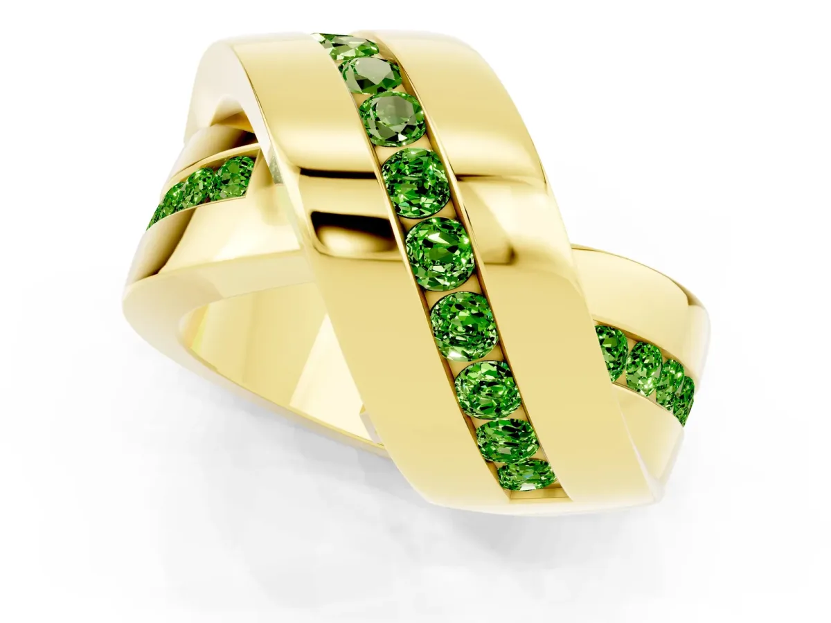 Pavé Round Peridot Crossover Band with Channel Setting Yellow gold