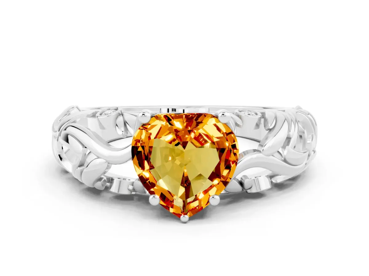 Heart Cut Solitaire Citrine Leaf-Inspired Vine Band Ring with Prong Setting Platinum
