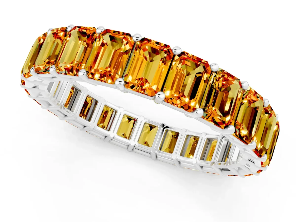 Emerald Cut Citrine Eternity Band with Shared Prong Setting Platinum