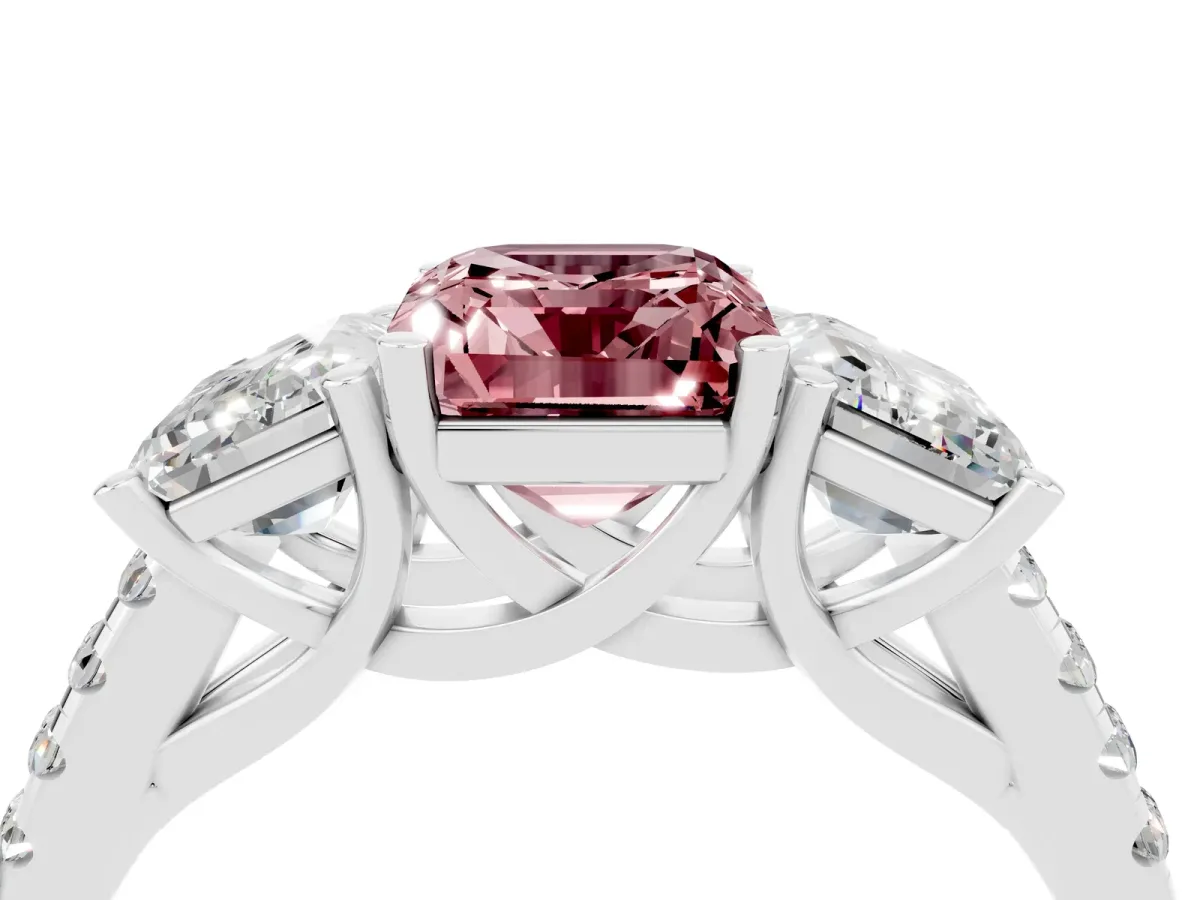 Three-Stone Emerald Cut Morganite Ring with Round Pavé Band and Prong Setting Silver