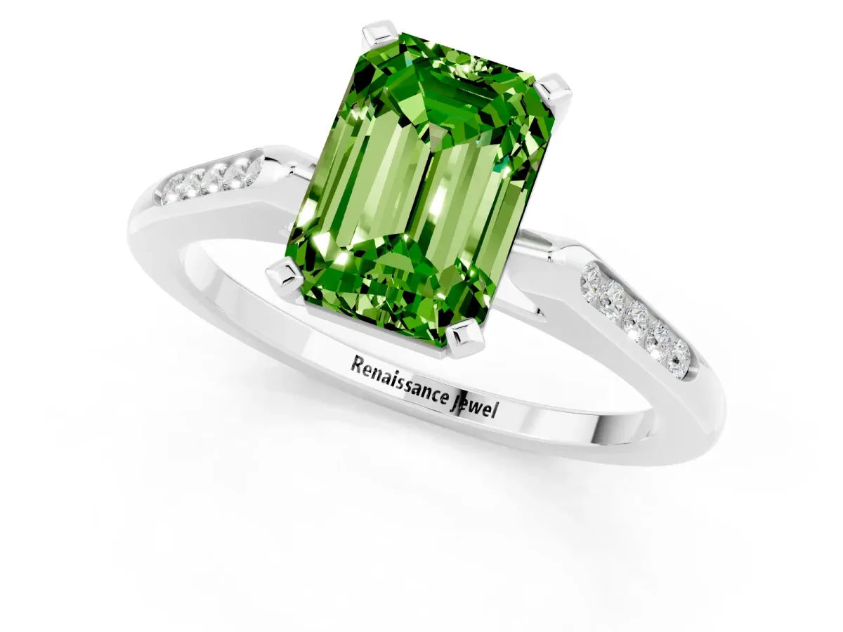 Emerald Cut Peridot Solitaire Ring with Channel Set Round Band and Prong Setting Silver