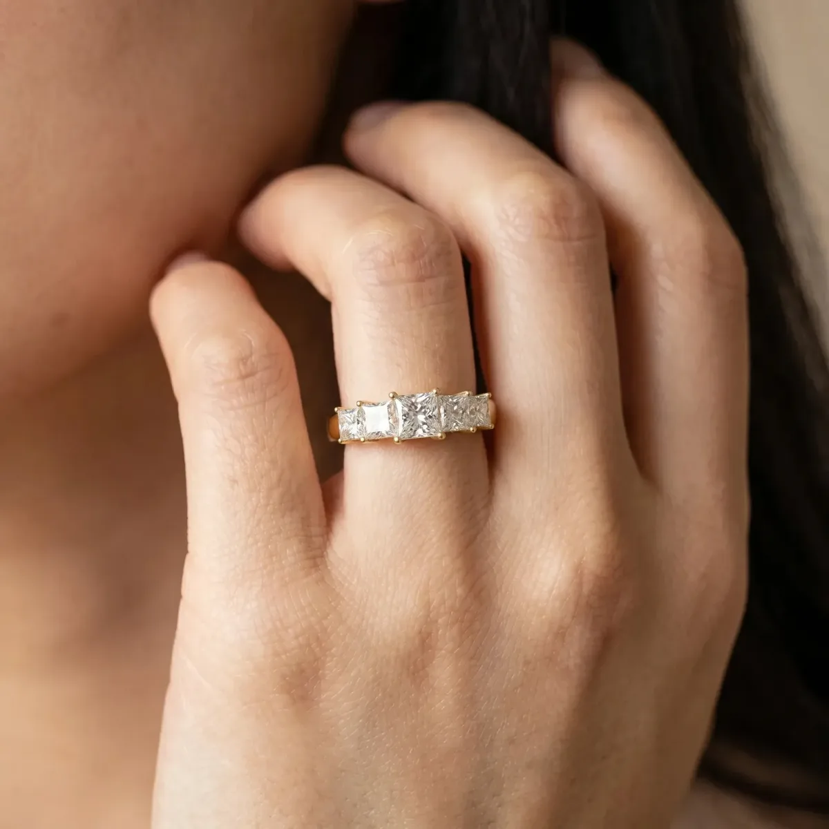 Princess Cut Five-Stone Diamond Ring with Classic Prong Setting Yellow gold