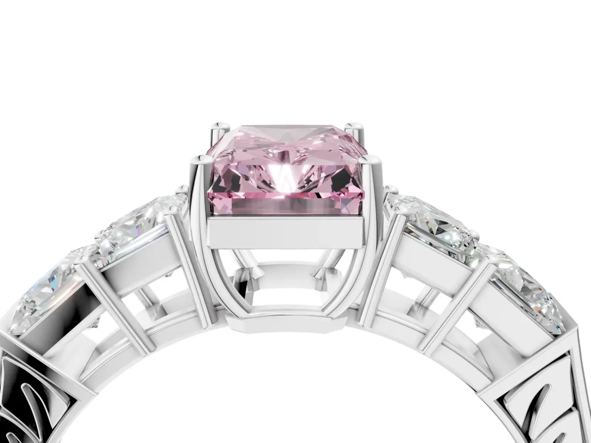 Fancy Pink Radiant Cut Solitaire Princess Side Stone Engraved Band Prong Setting Ring Platinum