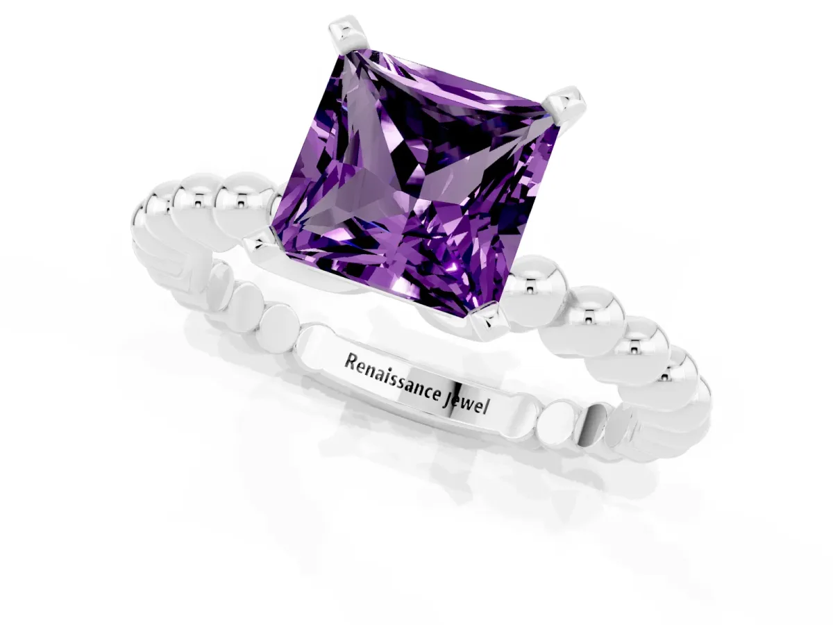 Princess Cut Amethyst Solitaire Ring with Beaded Band and Prong Setting Platinum