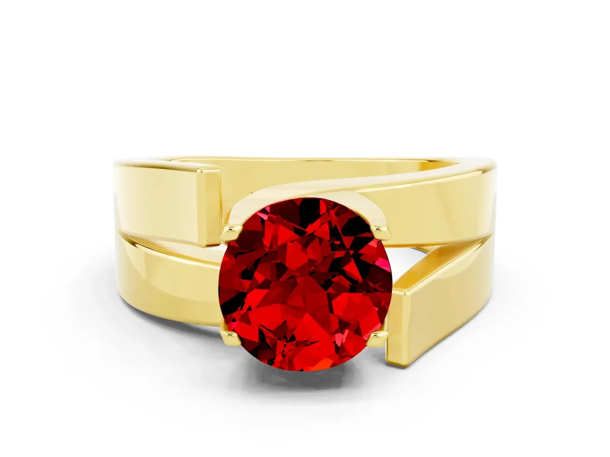 Modern Tension Set Round Cut Ruby Solitaire Wide Band Ring Yellow gold