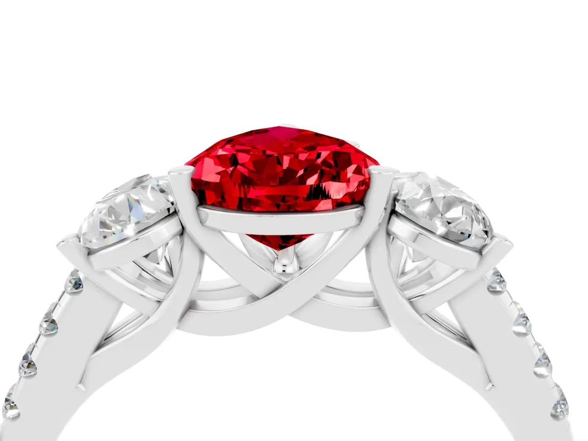 Three-Stone Pear Cut Ruby Ring with Round Pavé Band and Prong Setting Silver
