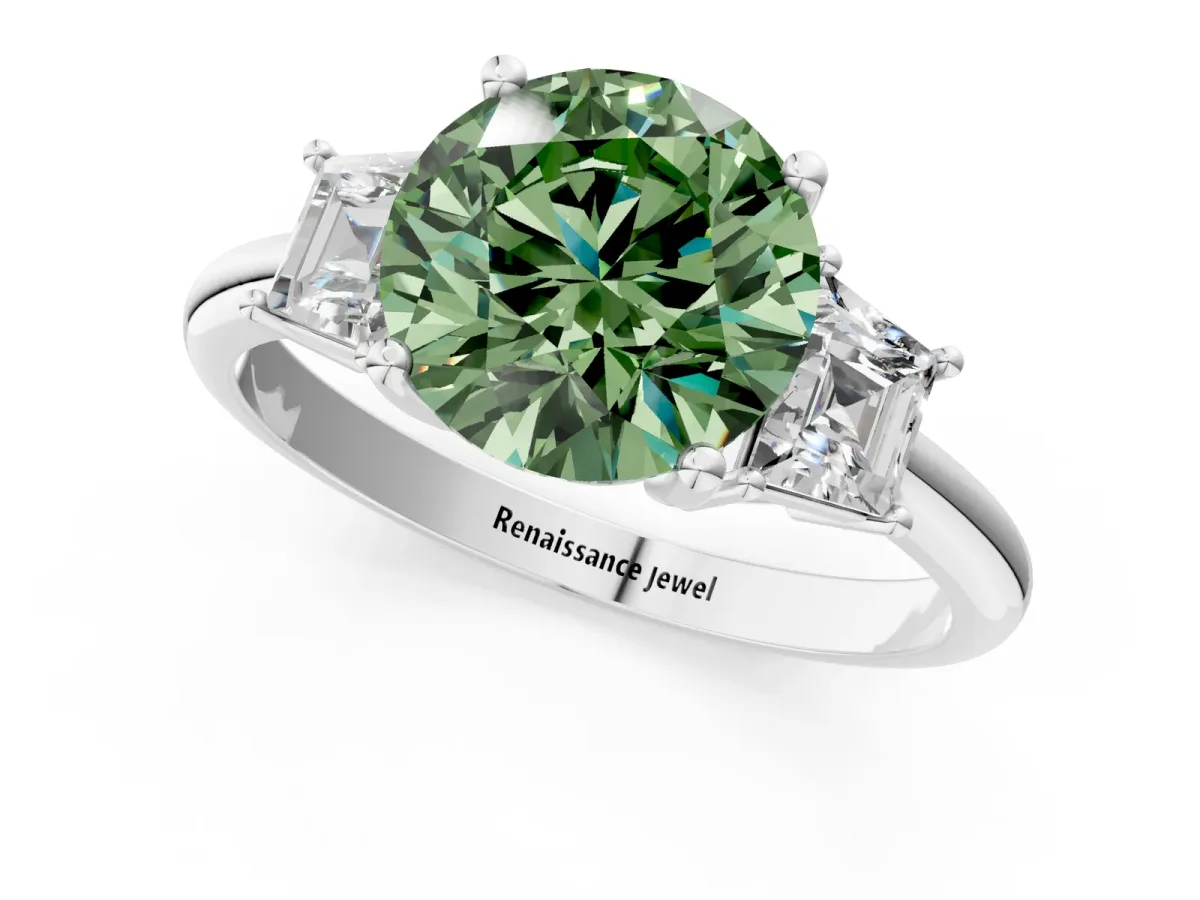 Fancy Green Round Cut Diamond Three-Stone Ring with Trapezoid Side Stones and Prong Setting Silver