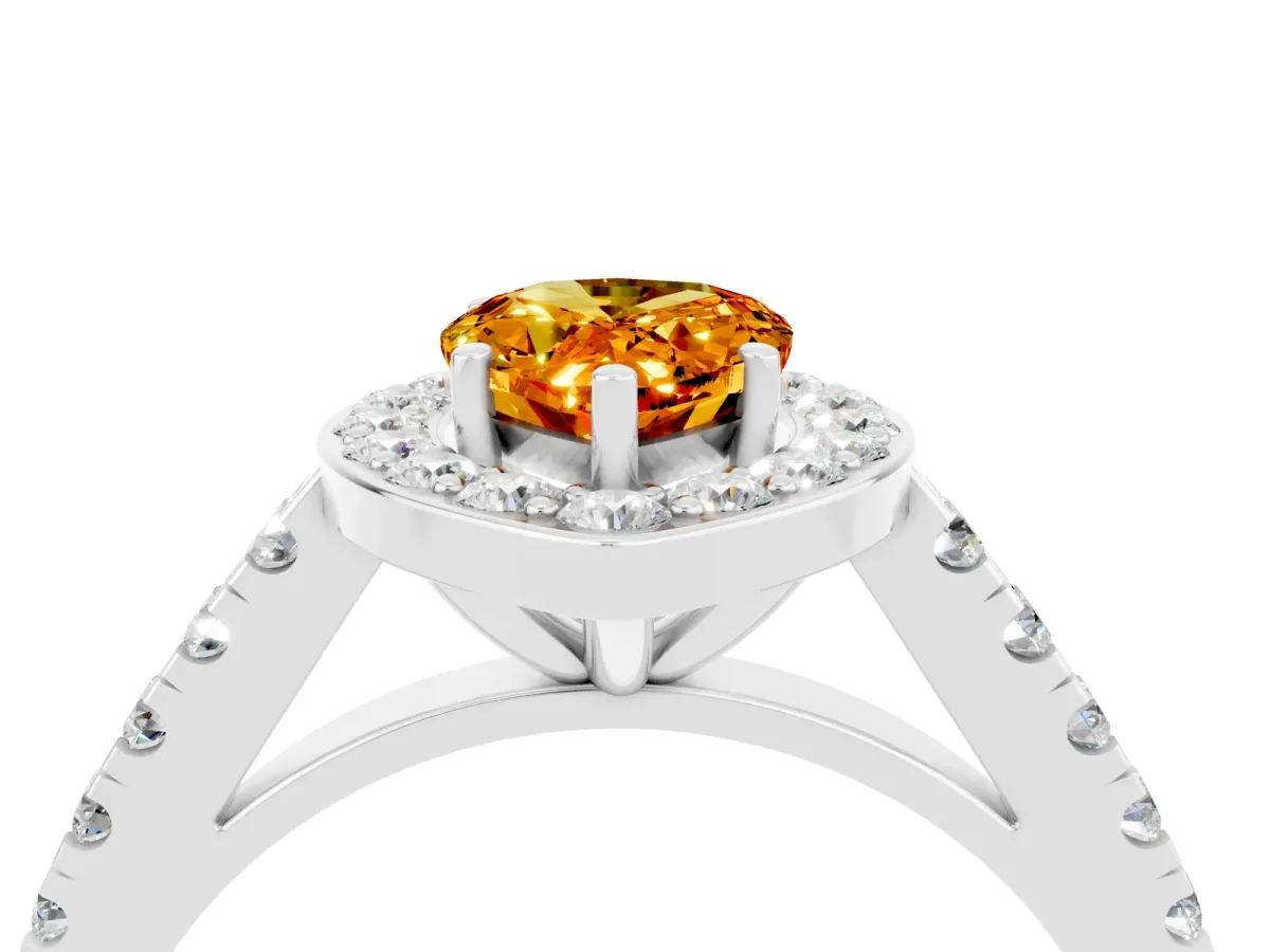 Pear Cut Citrine Halo Ring with Round Pavé Split Shank and Prong Setting Platinum