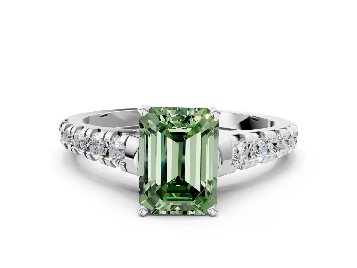 Fancy Green Emerald Cut Diamond Cathedral Solitaire Ring with Round Pavé Band Platinum