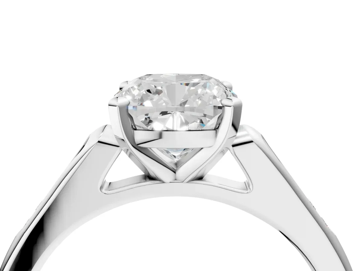 Cushion Cut Diamond Solitaire Ring with Channel Set Round Band and Prong Setting Silver