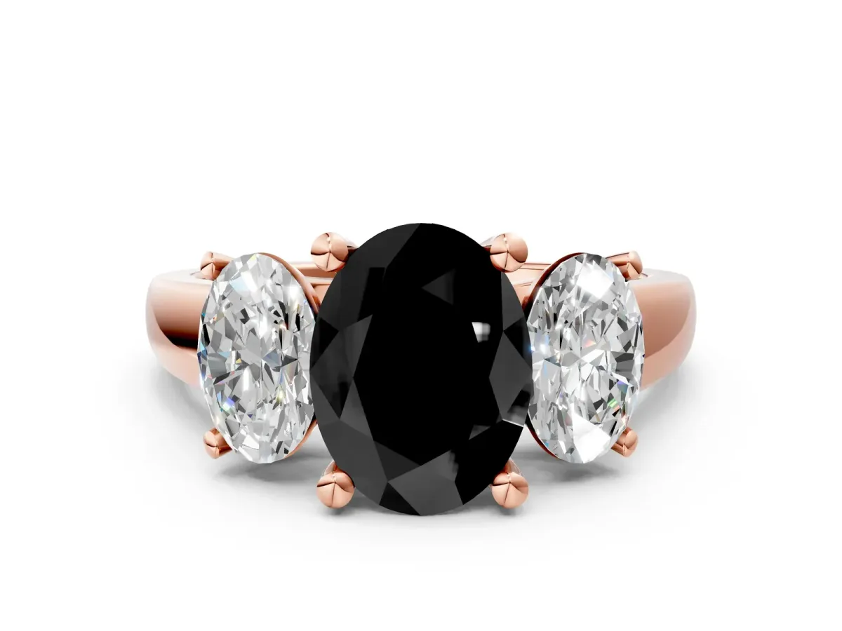 Fancy Black Three-Stone Oval Cut Cut Solitaire Ring with Classic Prong Setting Rose gold