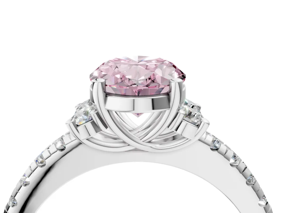 Fancy Pink Oval Cut Diamond Three-Stone Pave Band with Four-Prong Setting Silver