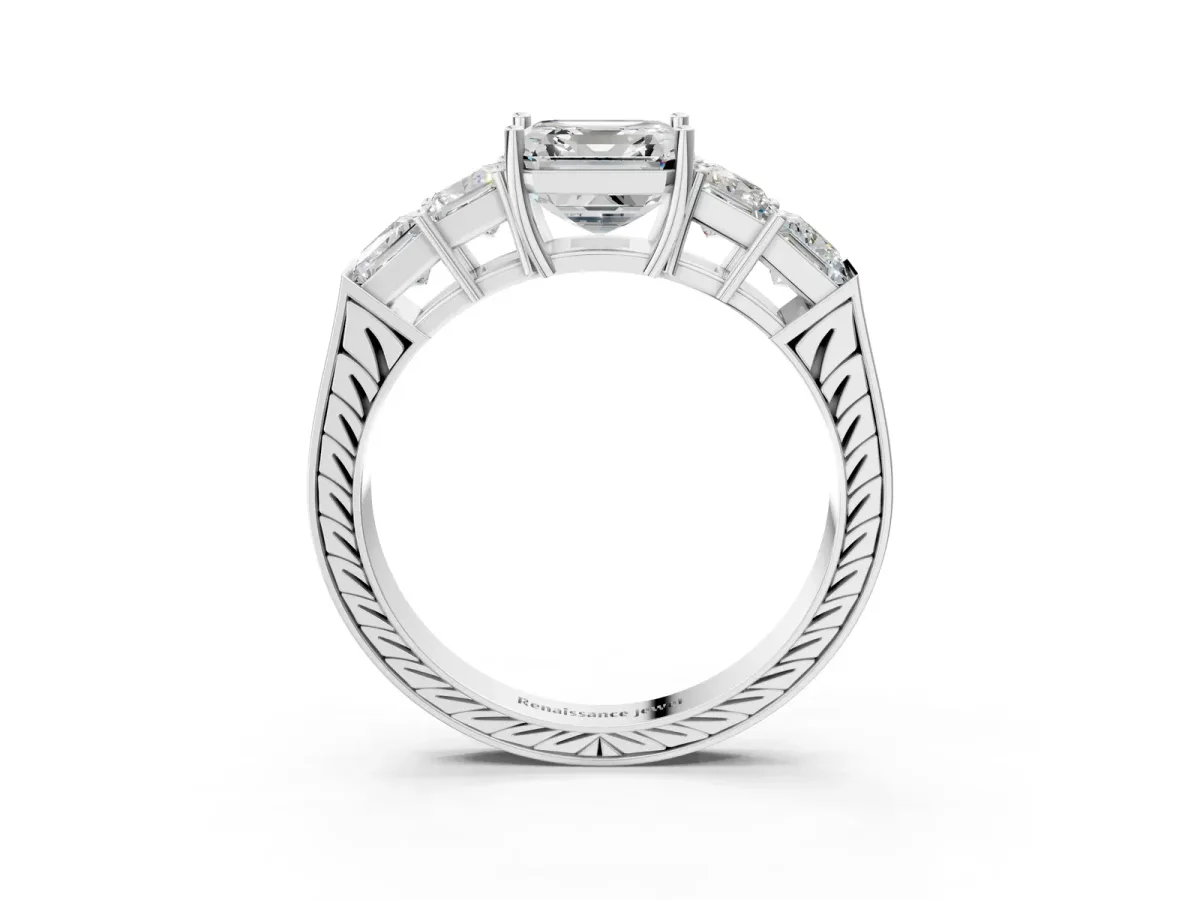 Round Cut Solitaire Princess Side Stone Engraved Band Prong Setting Ring White gold