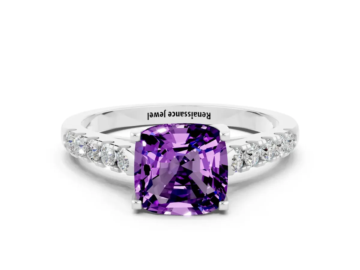 Cushion Cut Amethyst Pavé Band Solitaire Ring with Prong Setting Platinum