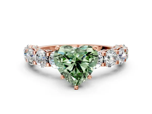 Fancy Green Heart Cut Diamond Side Stone Engagement Ring with Four-Prong Setting Rose gold