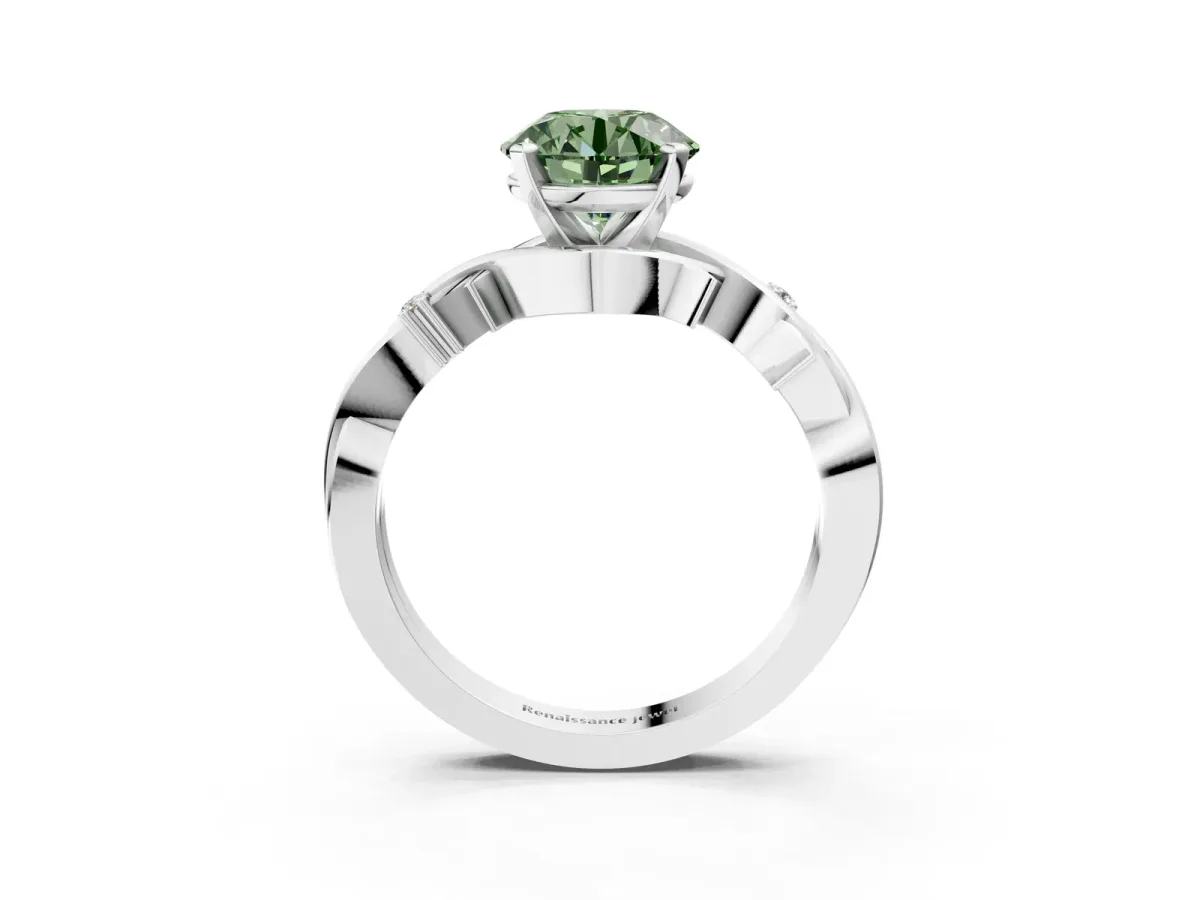 Fancy Green Round Cut Diamond Solitaire Ring with Twisted Band and Prong Setting Silver