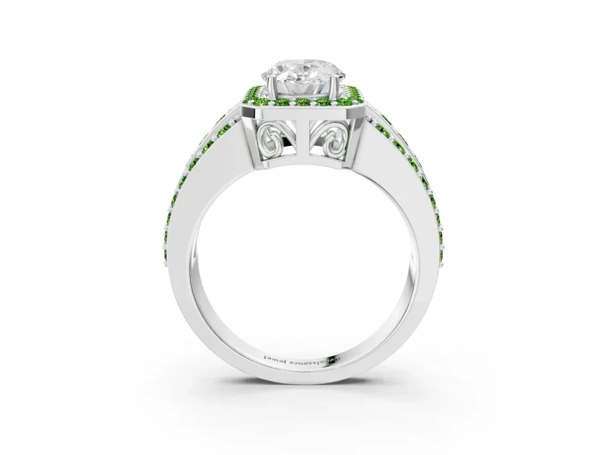 Oval Cut Halo Diamond Ring with Round Peridot Split Shank and Prong Setting Silver