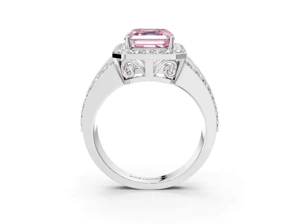 Fancy Pink Asscher Cut Halo Diamond Ring with Round Split Shank and Prong Setting Silver