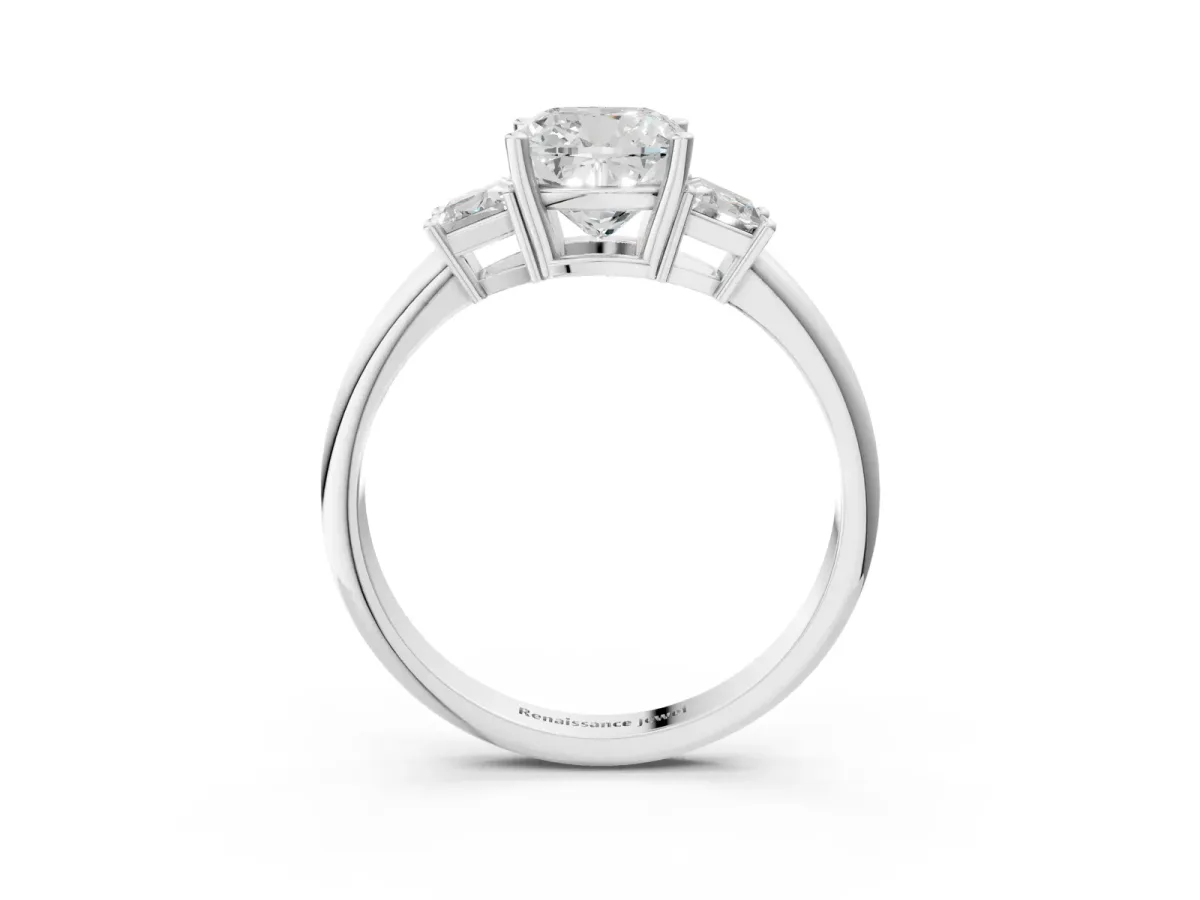 Cushion Cut Diamond Three-Stone Ring with Trapezoid Side Stones and Prong Setting White gold