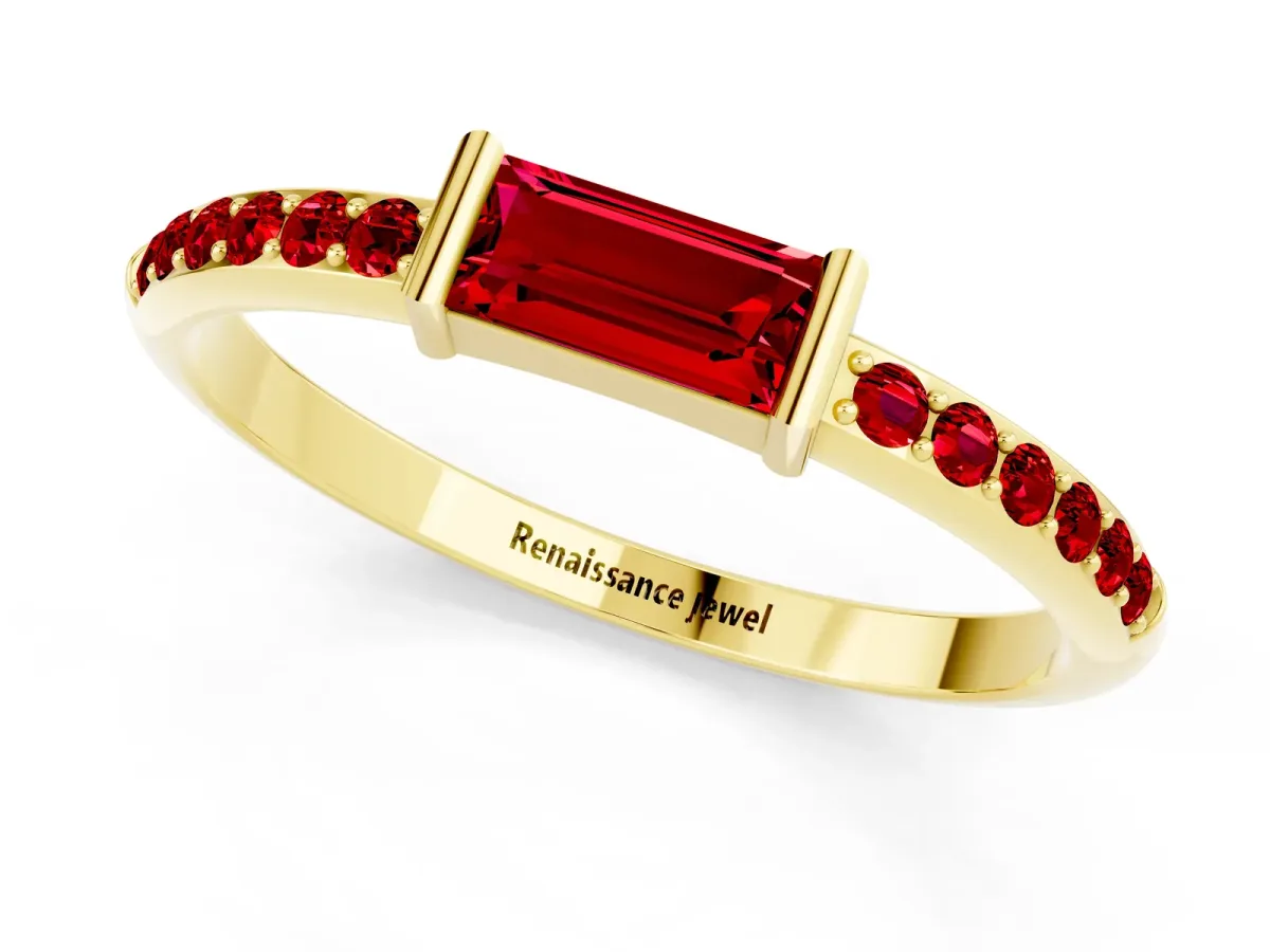Baguette Ruby Pavé Band with Bar Setting Yellow gold