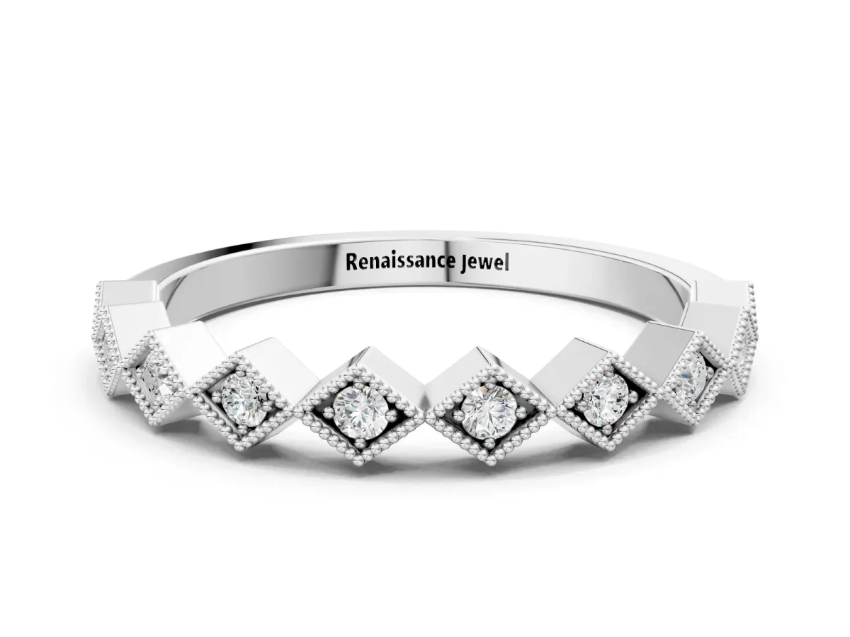 Milgrain Diamond Geometric Stackable Band with Round Cut Stones and Bezel Setting White gold