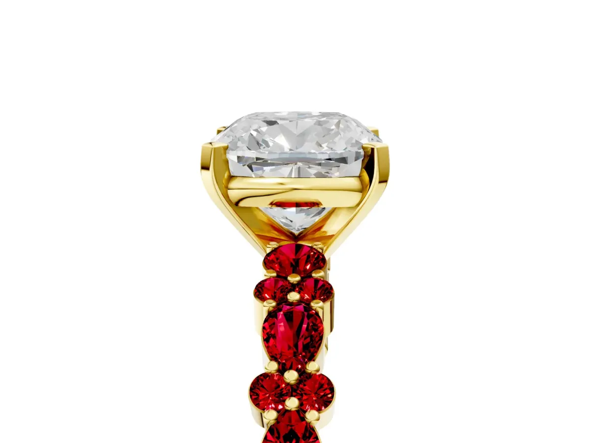 Cushion Cut Diamond Side Stone Solitaire Ring with Round Ruby and Four-Prong Setting Yellow gold