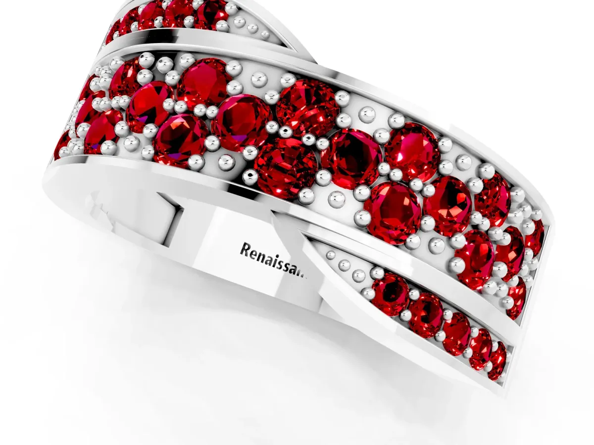 Pavé Round Ruby Crossover Band with Bead Prong Setting White gold